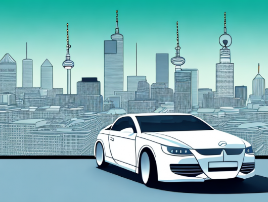 A car with a blank license plate in the foreground