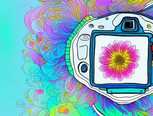 A camera focusing on a vibrant flower in the foreground while the background scenery is blurred out