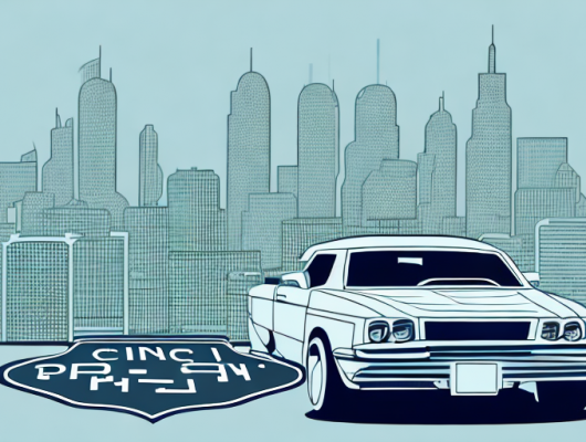 A cityscape with a car prominently featured