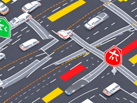 A german road with various traffic signs and signals