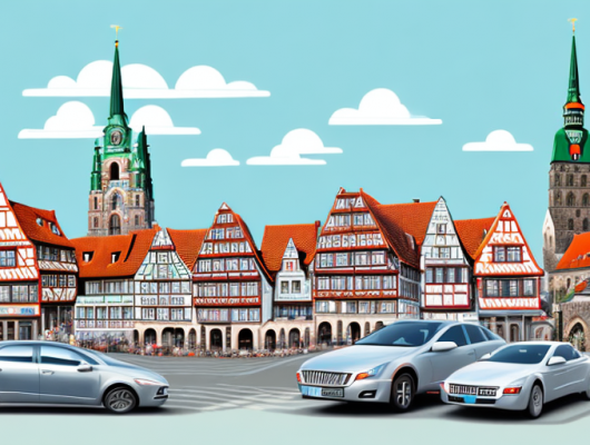 The city of quedlinburg with prominent landmarks and a few cars with license plates