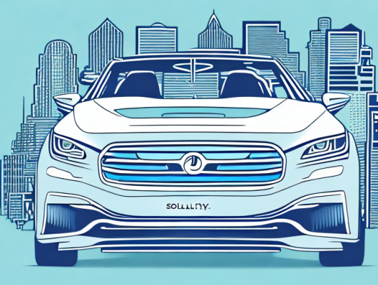 A car with solingen's cityscape in the background and a registration plate symbolically representing the process of vehicle registration