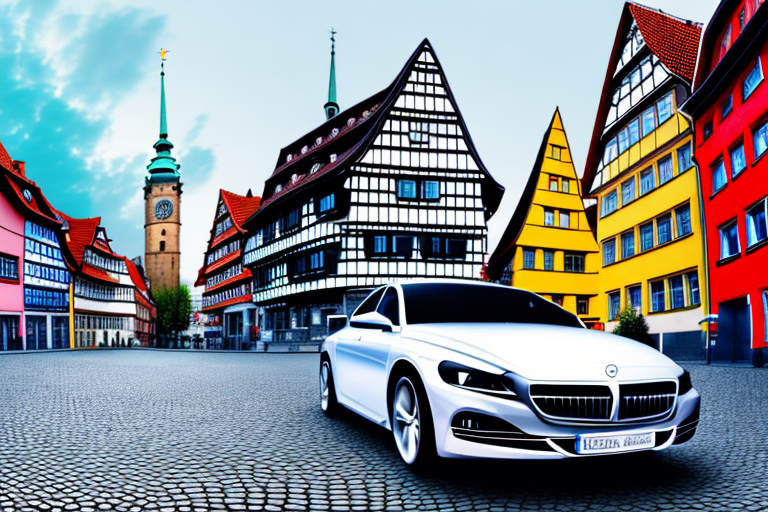 A sleek car with a vibrant underbody lighting parked on a cobblestone street in germany