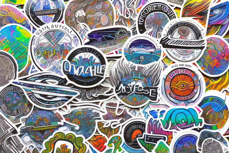 Several different types of stickers creatively arranged on a car windshield