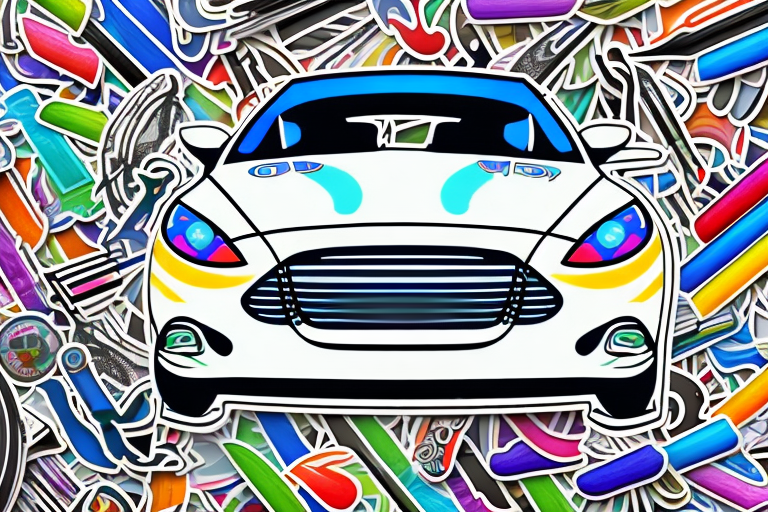 A variety of colorful and unique stickers placed on the front windshield of a car