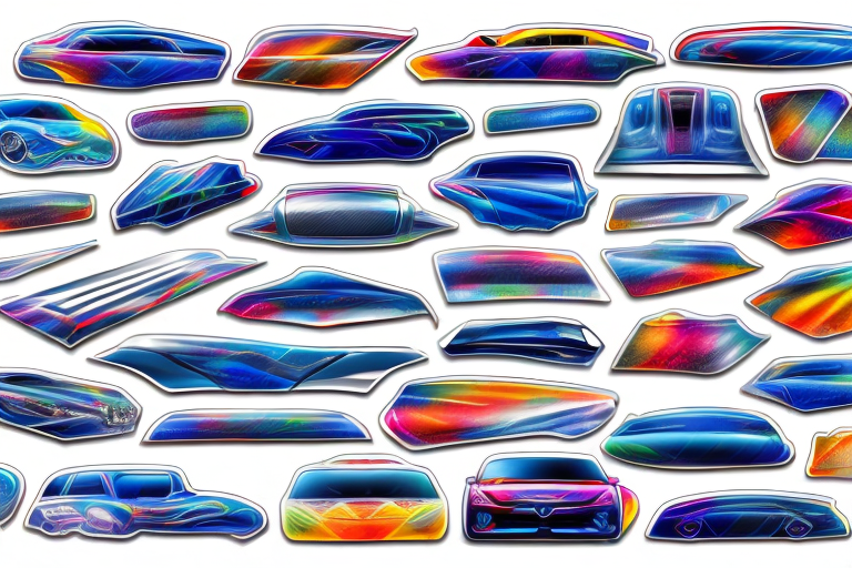 A variety of colorful and unique windshield stickers on different car models