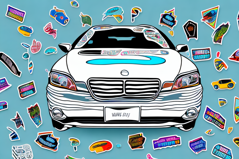 A car decorated with various stickers