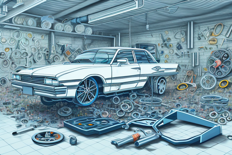 A car in a garage with its wheels removed and various tools scattered around