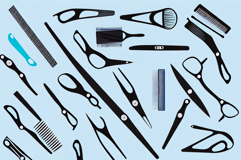 A hair salon interior with various hair styling tools like scissors