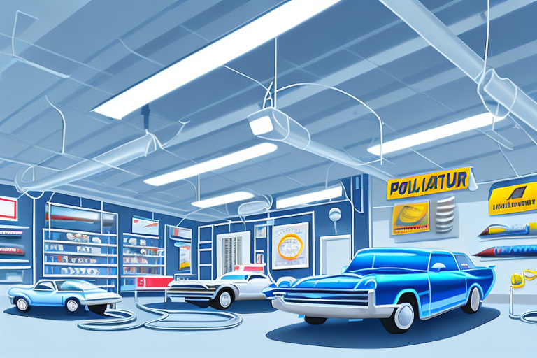 A well-equipped shop filled with various car detailing tools and products such as polishers
