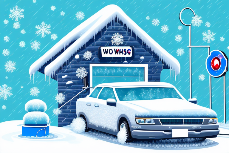 A car going through a car wash with snow and icicles hanging from the roof of the car wash