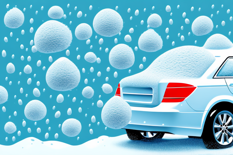 A car covered in soap suds with a bucket and a sponge nearby