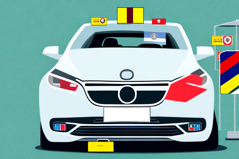 A car with german license plates parked near a border sign