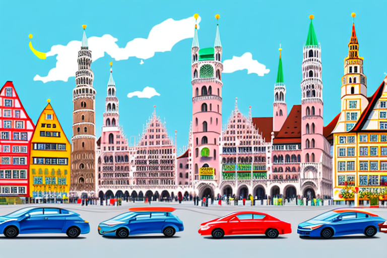 A vibrant cityscape of munich with various european car models parked in front of iconic munich landmarks