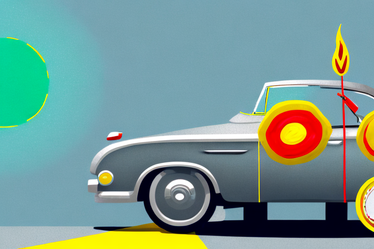 A silver car parked alongside a variety of colored objects such as a red fire hydrant