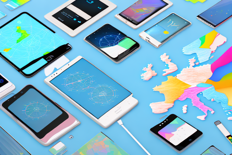 Various smartphones and tablets with different colored signals emanating from them