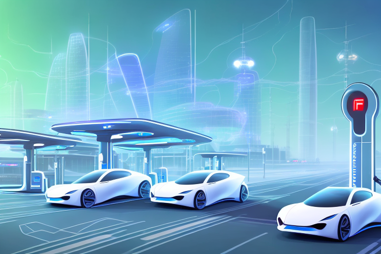A futuristic cityscape with high-tech electric cars on clean