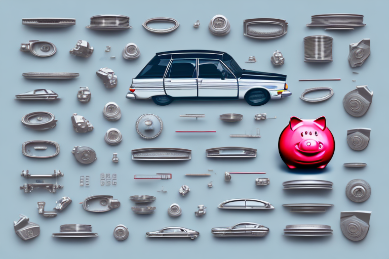 A variety of expensive car parts scattered around a piggy bank that is broken
