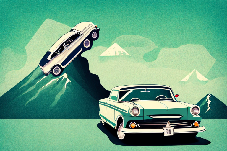 A vintage car perched on top of a mountain peak