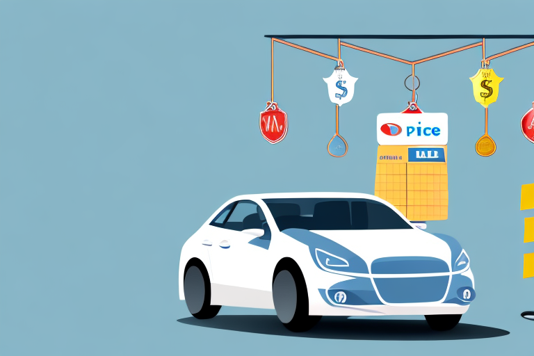 A car with price tags hanging off it