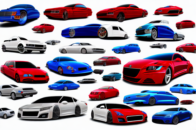Various popular car models in different colors like red