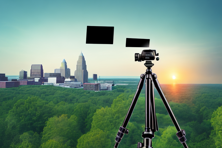 A camera on a tripod with different photography accessories like lenses