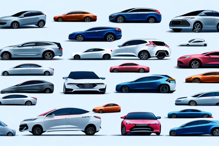 Several compact new cars in various colors