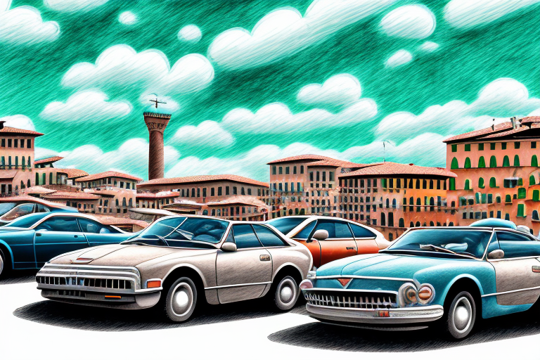 A scenic italian landscape with a variety of used cars of different models and years parked in a picturesque market setting