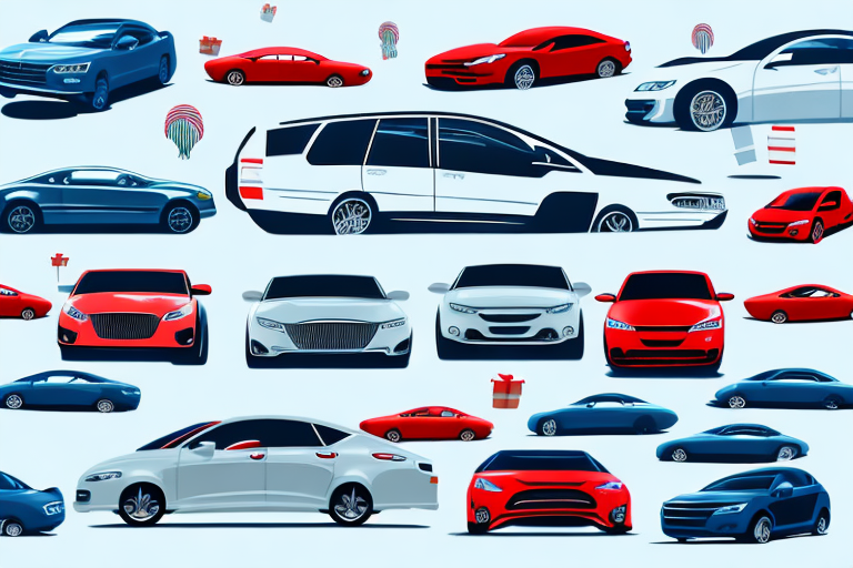 A car dealership with various types of cars and price tags showing significant discounts