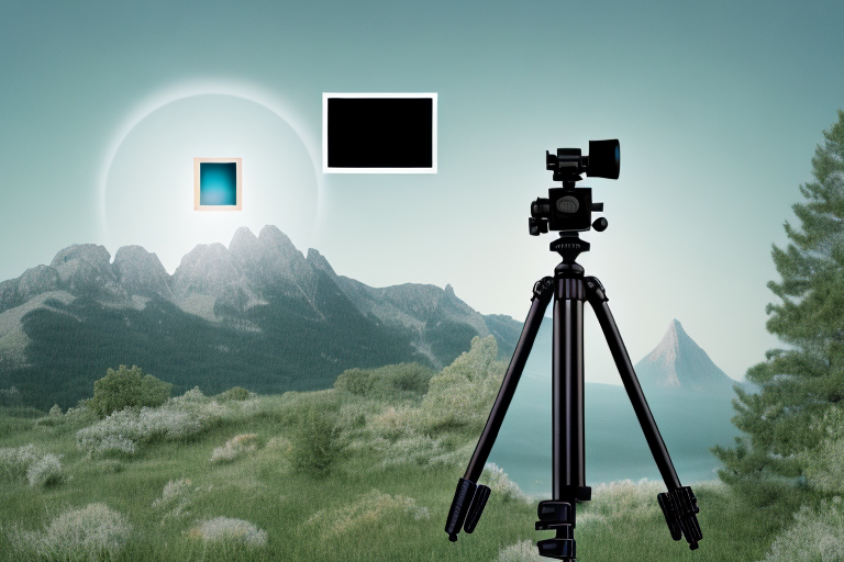 A camera on a tripod focusing on a picturesque landscape