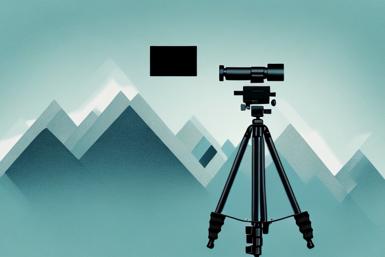 A camera on a tripod with a picturesque landscape in the background