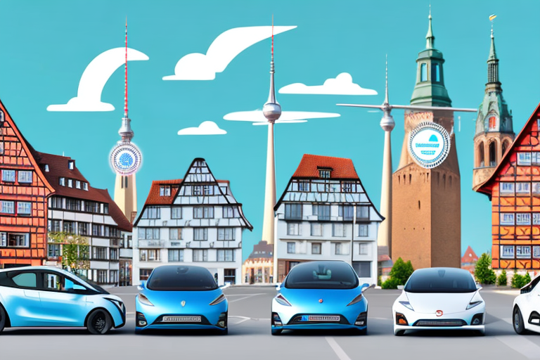 Various types of electric cars parked on a street in a typical german town