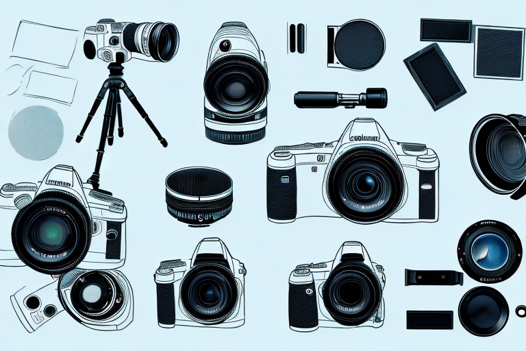 A professional camera on a tripod with various photography equipment like lenses