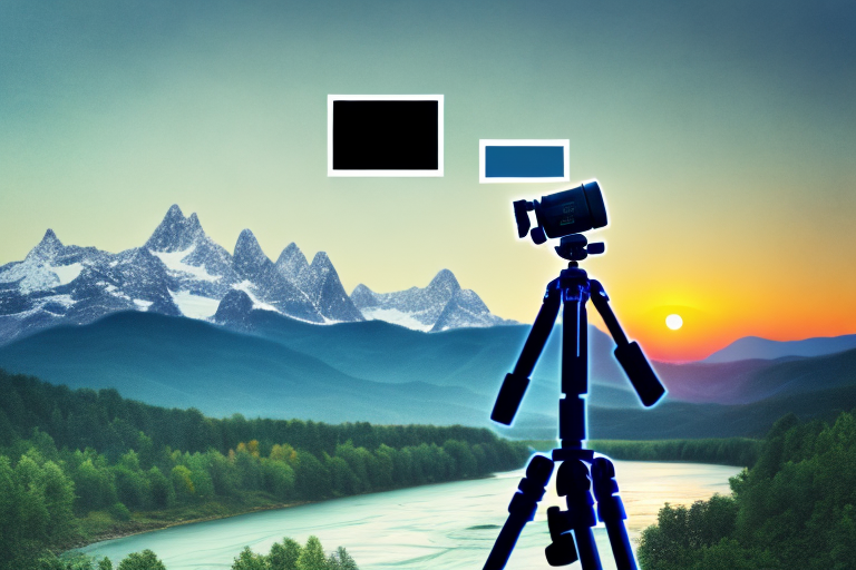 A camera on a tripod with a picturesque landscape in the background