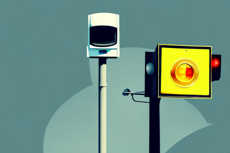 A speed camera with a traffic light in the background and a few euros scattered around