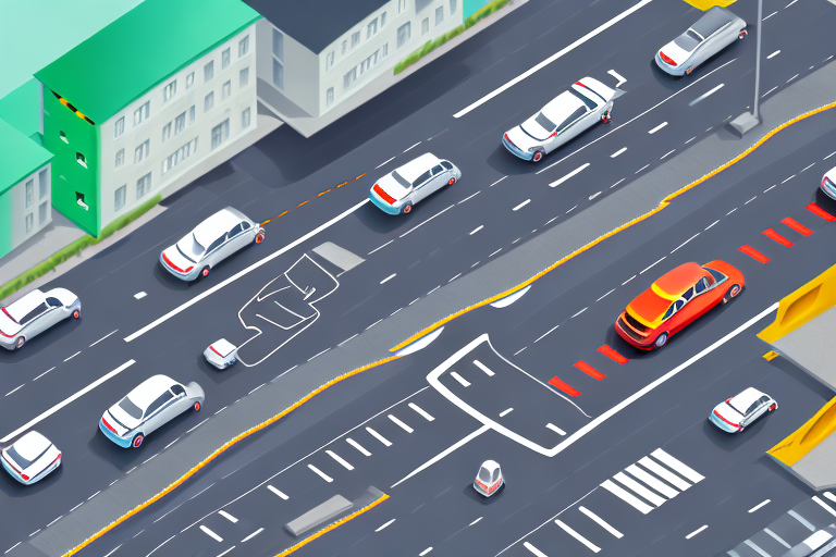 A german road with various traffic signs and a car