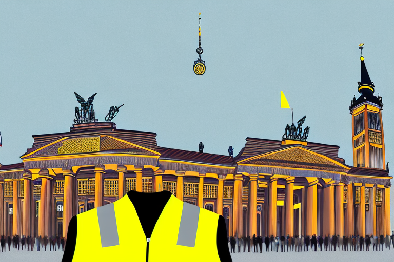 A bright yellow safety vest (warnweste) prominently displayed against a backdrop of various german landmarks such as the brandenburg gate and cologne cathedral
