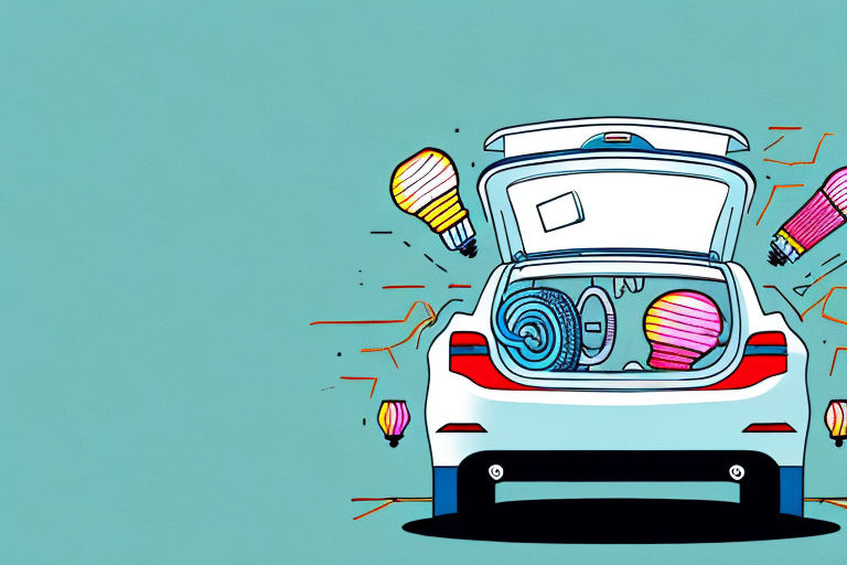 A car trunk open with a box of spare light bulbs inside