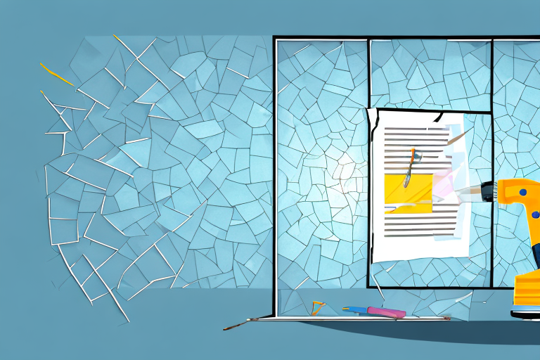 A shattered glass window with tools like a hammer and a glue gun nearby