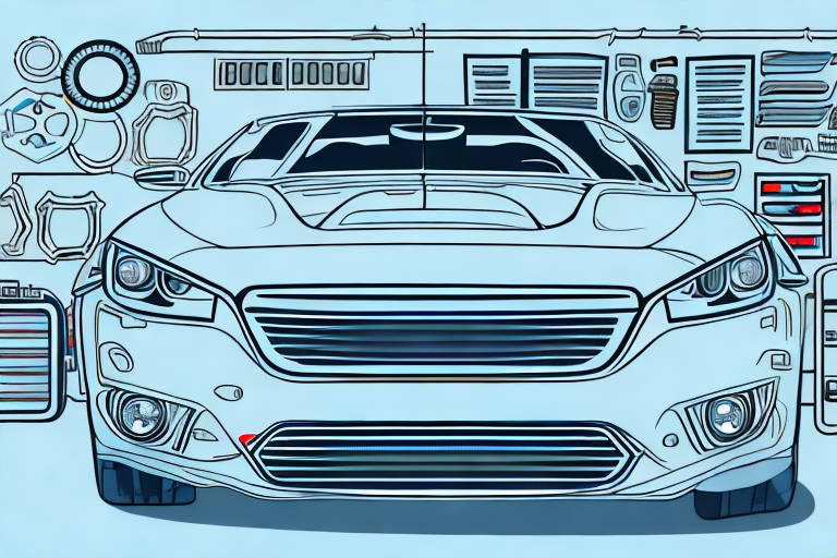 A car in a garage with different parts highlighted such as tires