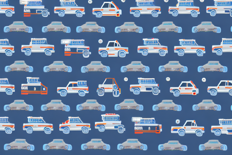 A convoy of emergency vehicles with flashing blue lights traveling on a road