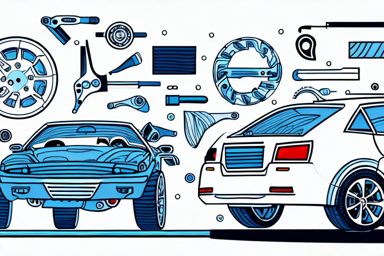 A car being inspected with various tools and equipment