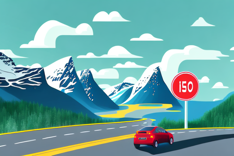 A scenic norwegian highway with speed limit signs and a car adhering to the speed limit