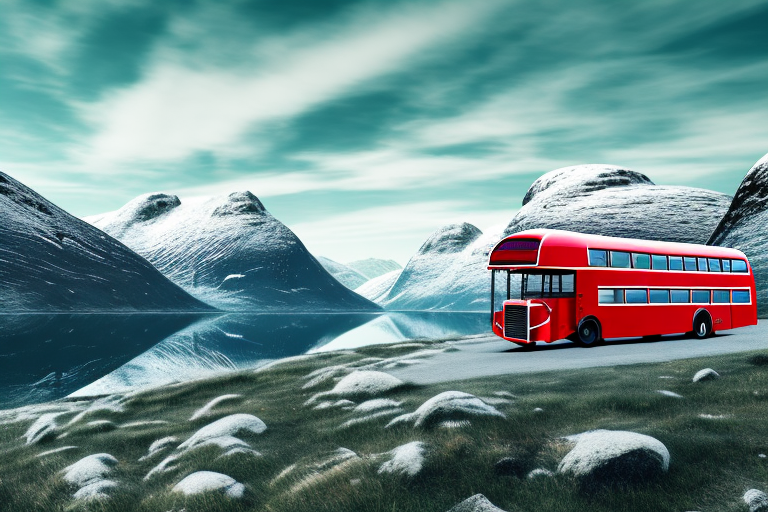 A red bus with minor damages on a scenic norwegian landscape background