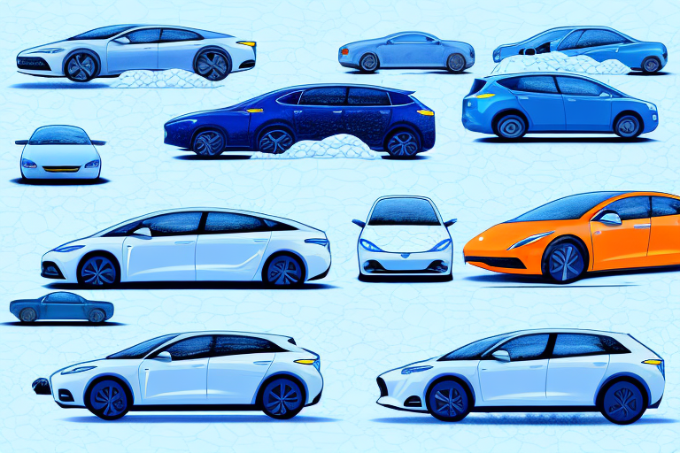 Several different types of electric cars parked on a snowy landscape
