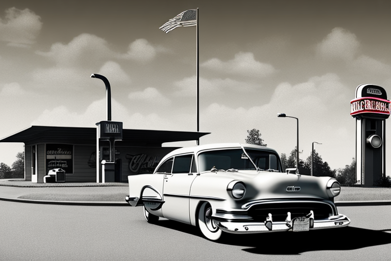 A classic american car from the 1950s parked on an open road with a vintage gas station in the background