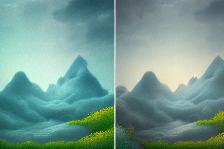 A before and after comparison of a blurred landscape photo and its enhanced