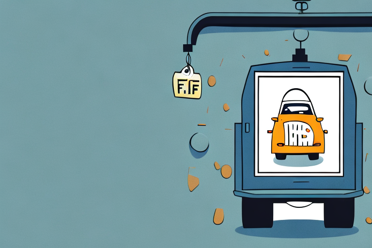 A car with price tags hanging from the rearview mirror