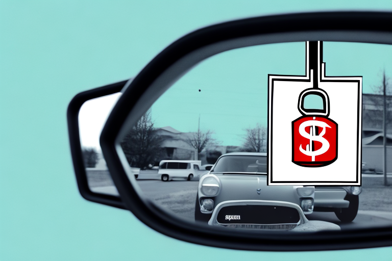 A car with price tags hanging from the rear-view mirror