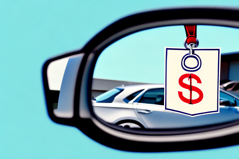 A car with a price tag hanging from the rearview mirror